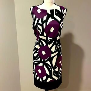 AGB Purple Black and White Abstract Floral Pattern Sheath Dress